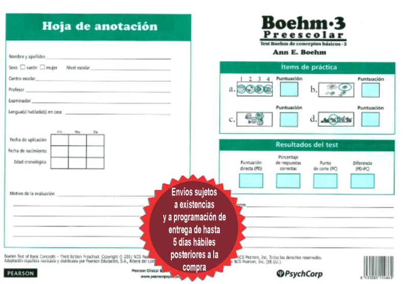 BOEHM-3 Pre-escolar - Hoja de anotación (30 unidades) 