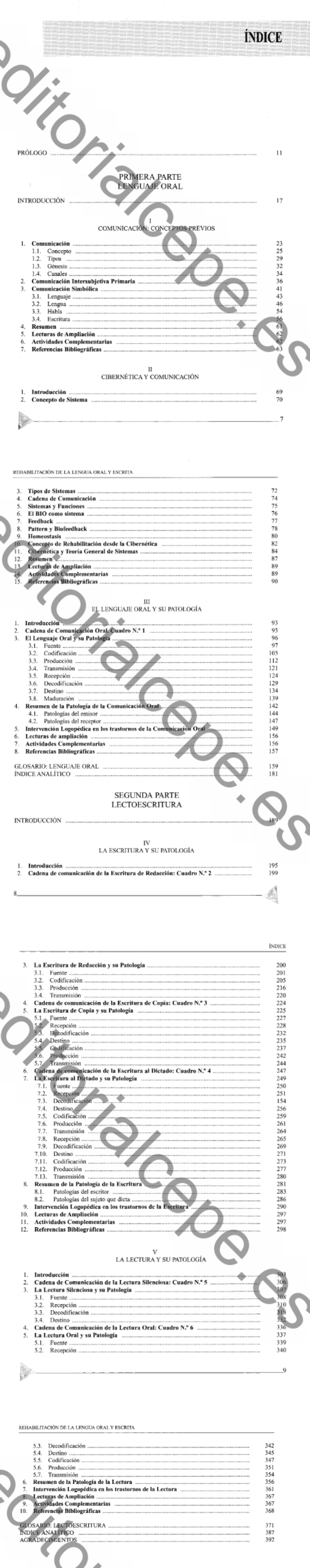 Índice -Rehabilitación de la lengua oral y escrita